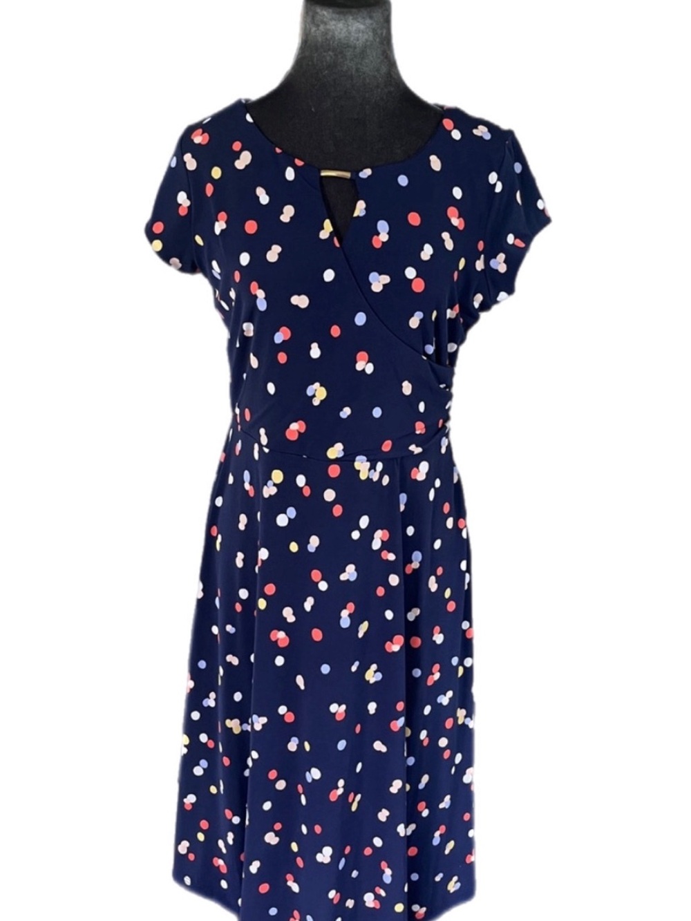 R&K Navy Midi Dress with Red, Pink, Yellow & White Dot Print